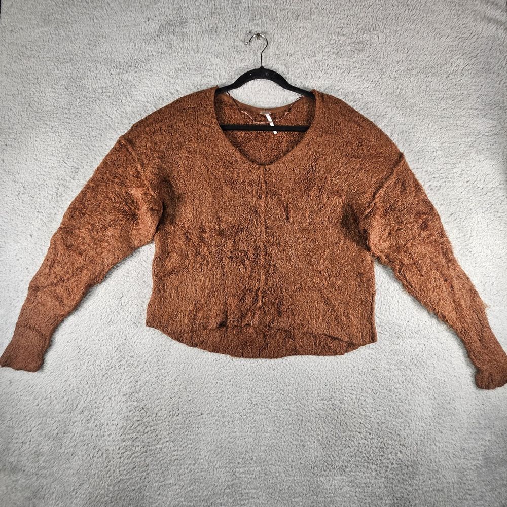 Free People Sweater Womens XS Brown Icing V Neck Pullover Shaggy Cropped Boho